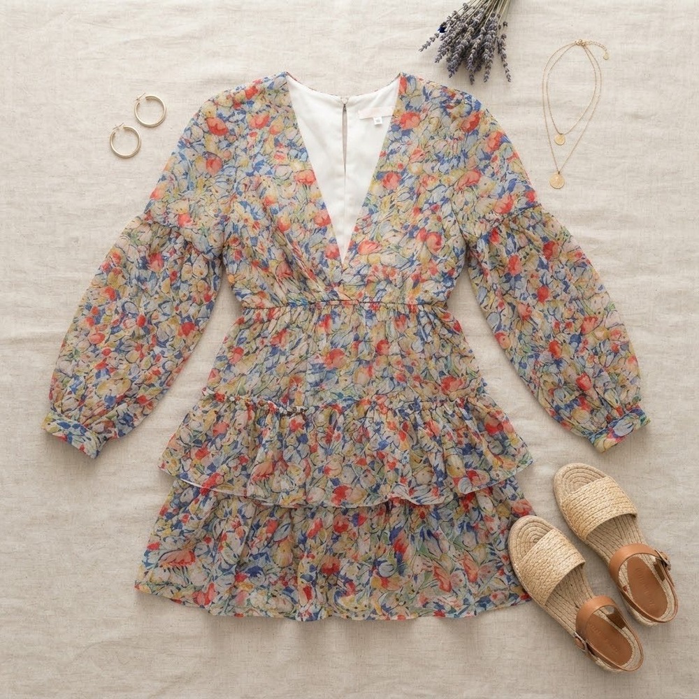 Luxxel Floral Mini Dress Womens S Blue Pink Tiered Ruffle Chiffon Boho Summer